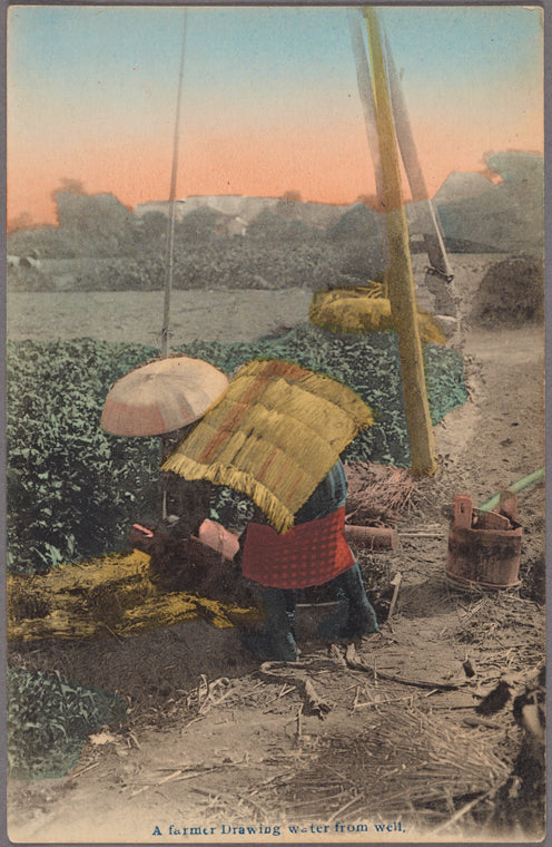 A farmer drawing water from well.