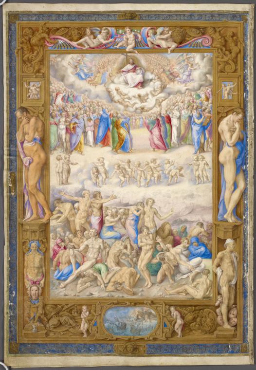 Full-page miniature of the Last Judgment, in elaborate full border including human figures