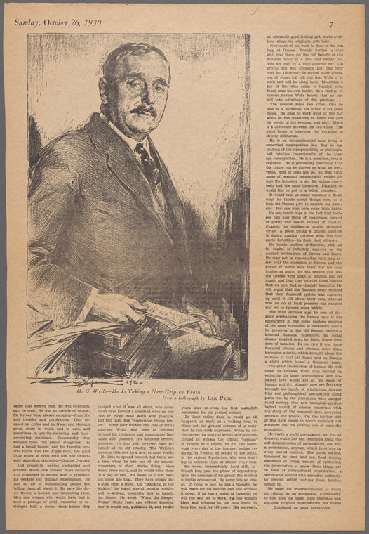 H.G. Wells--he is taking a grip on youth. From a lithograph by Eric Pape