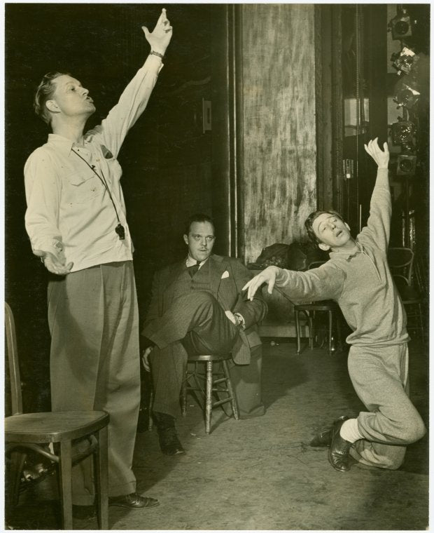 Robert Alton (choreographer), Joshua Logan (director) and Ray Bolger (Sapiens) in rehearsal for By Jupiter