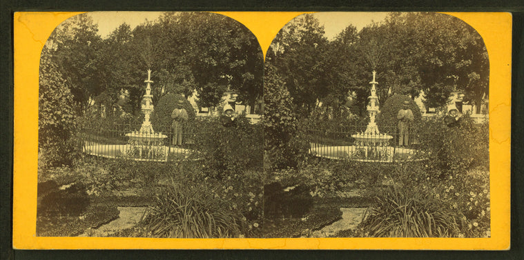 View of a garden with a fountain.