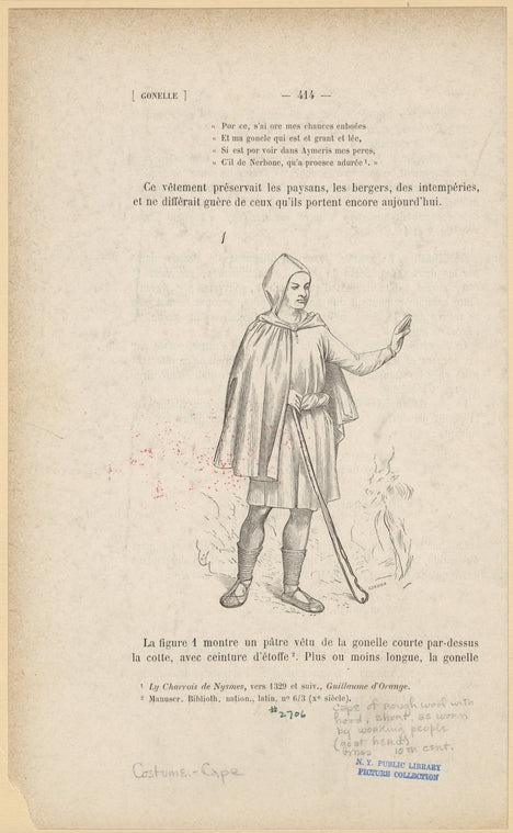 Cape of rough wool with hood, short, as worn by working people