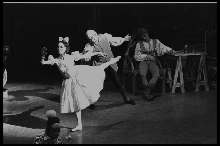 New York City Ballet production of "Coppelia" with Patricia McBride as Swanilda and Shaun O'Brien as Dr. Coppelius, choreography by George Balanchine and Alexandra Danilova after Marius Petipa (New York)