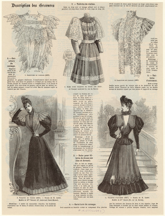 Garniture de corsage ; Toilette de visites ; Robe pour fillette de douze ans ; Garniture de corsage ; Toilette d'automne