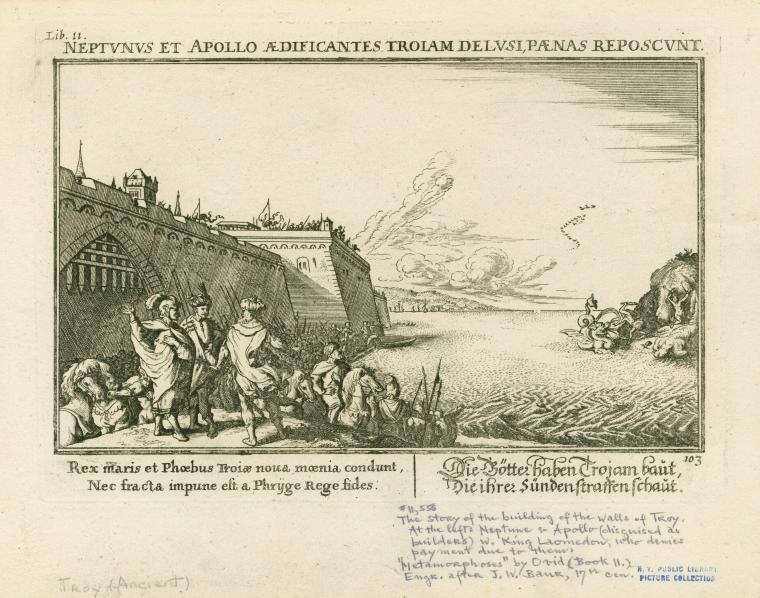 Neptunus et Apollo ædificantes Troiam delusi, Pænas reposcunt