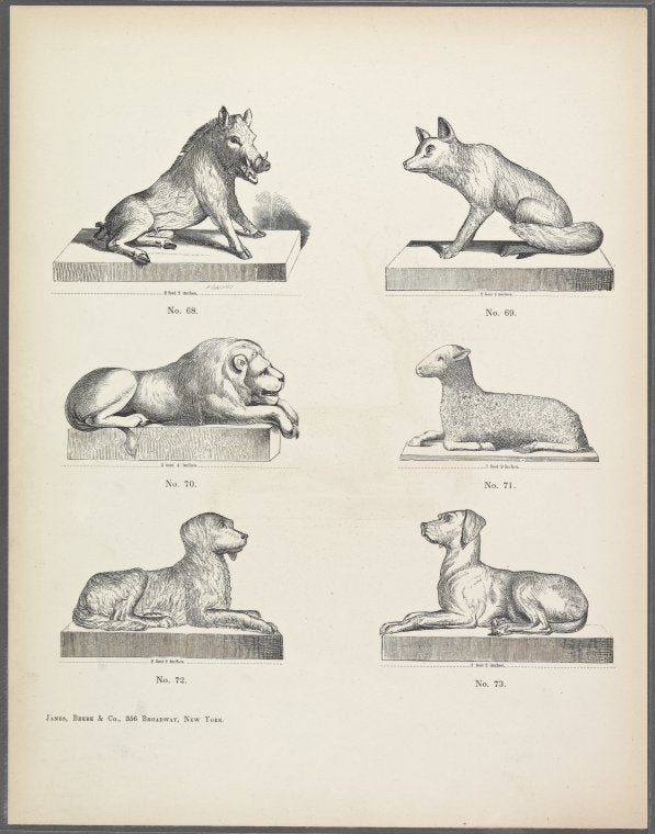Various animals: boar, wolf, lion, sheep, and dogs, on low bases