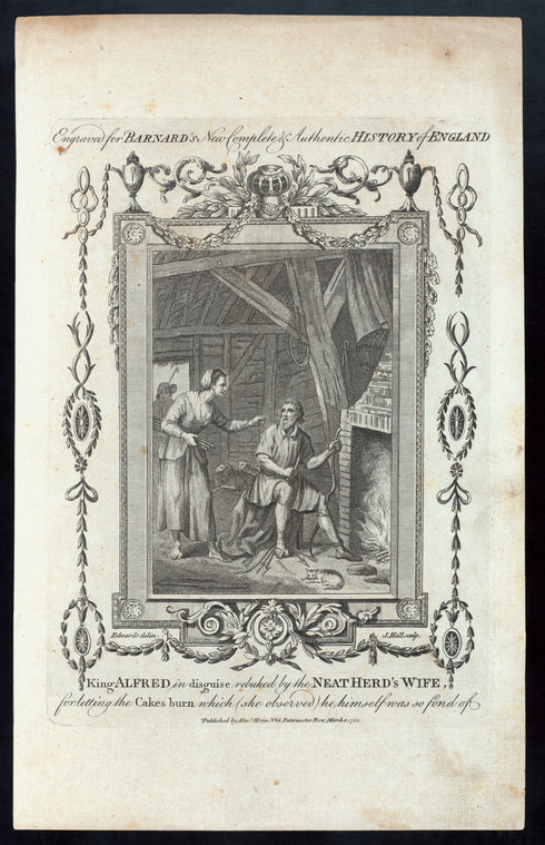 King Alfred in disguise rebuked by the neatherd's wife, for letting the cakes burn which (she observed) he himself was so fond of.