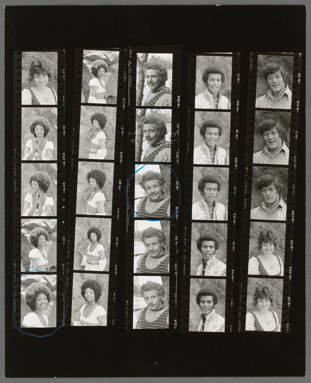 Contact sheet of Raul Julia, Clifton Davis, Jerry Stiller and others during rehearsal for the stage production Two Gentlemen of Verona
