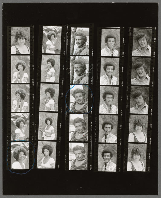 Contact sheet of Raul Julia, Clifton Davis, Jerry Stiller and others during rehearsal for the stage production Two Gentlemen of Verona