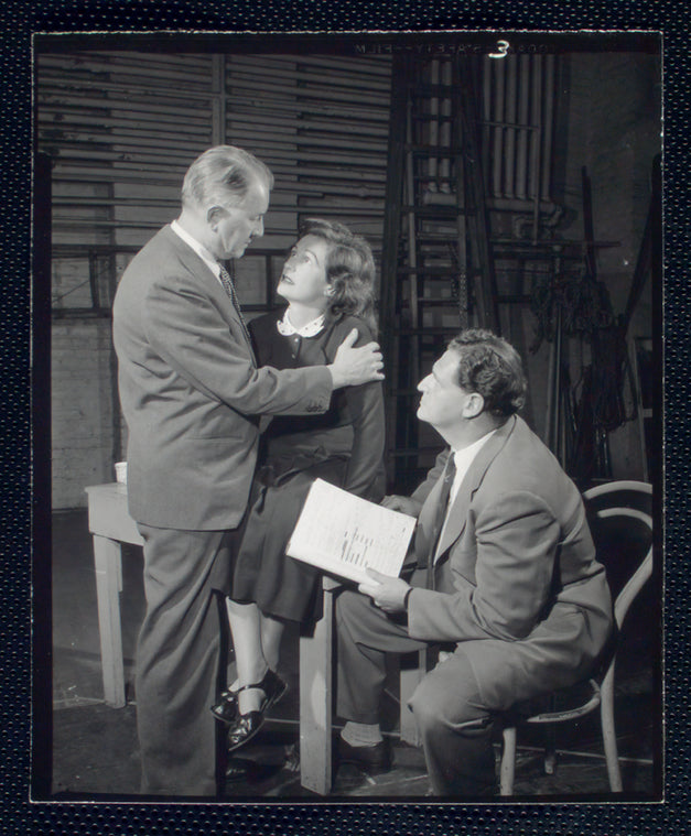 Elliott Nugent, Geraldine Fitzgerald, and playwright Joseph Kramm in rehearsal for the stage production Build With One Hand