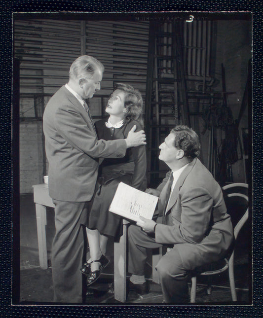Elliott Nugent, Geraldine Fitzgerald, and playwright Joseph Kramm in rehearsal for the stage production Build With One Hand