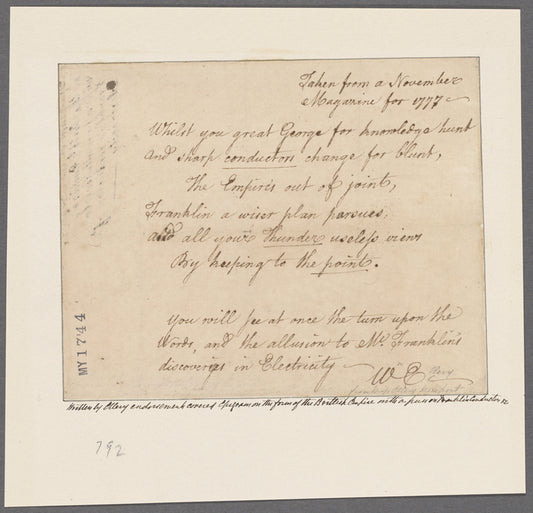 Ellery, William. Copy of a poem