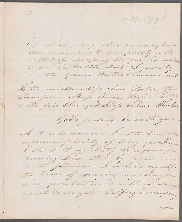 Johann Friedrich Runckel to Jane Porter, autograph letter signed