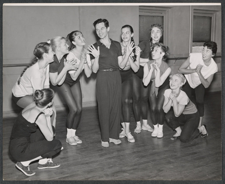 Michael Kidd, Julie Newmar [center] and unidentified others in rehearsal for the stage production Lil' Abner