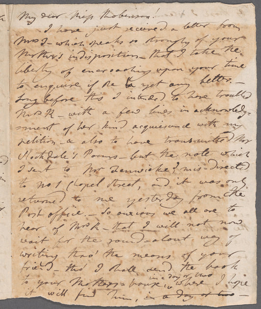 Jane Porter to Mary Robinson, autograph letter (draft)