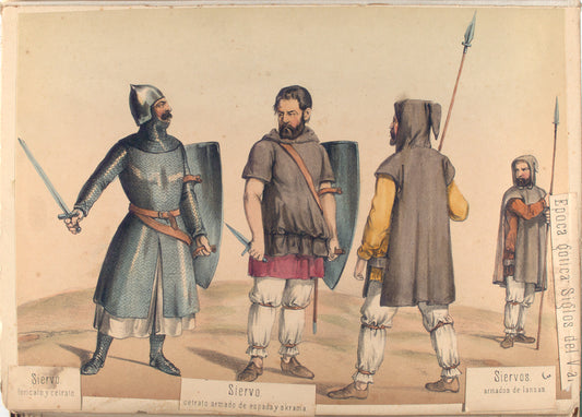 Epoca Gotica Siglos del V al VII. Siervo, loricato y centrato; Siervo, centrato armada de espada y skrama; Siervo, armados de lanzas