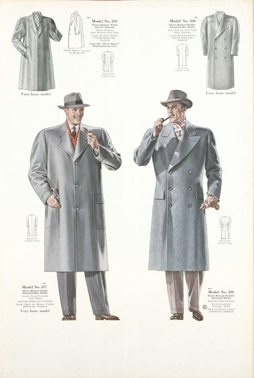 Model No. 237. Three-button single-breasted box model; Model No. 238. Three-button double-breasted model; Model No. 239. Three-button "pivot sleeve" topcoat; Model No. 240. Three-button double-breasted box model.