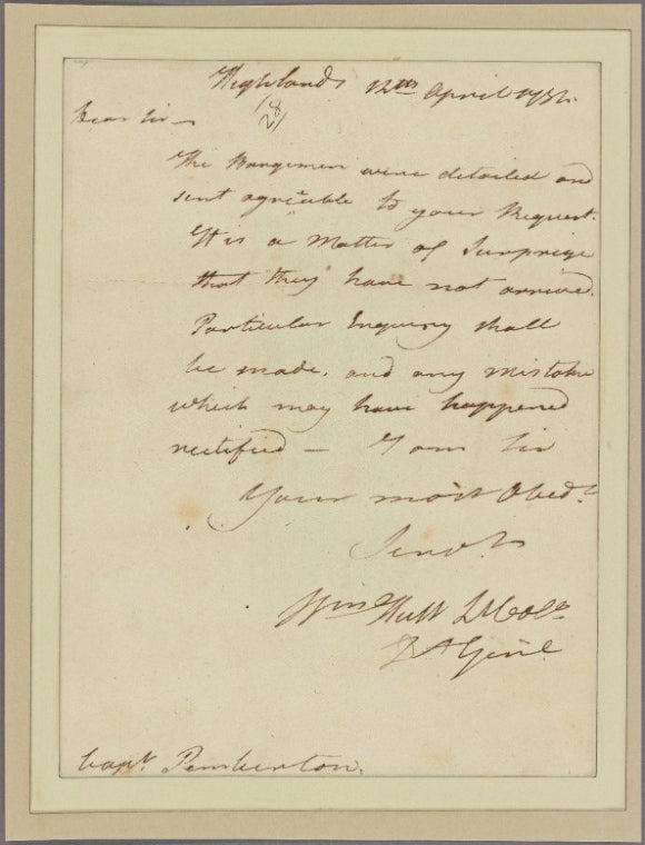Letter to Capt. [Thomas?] Pemberton, Head Quarters [Newburg]