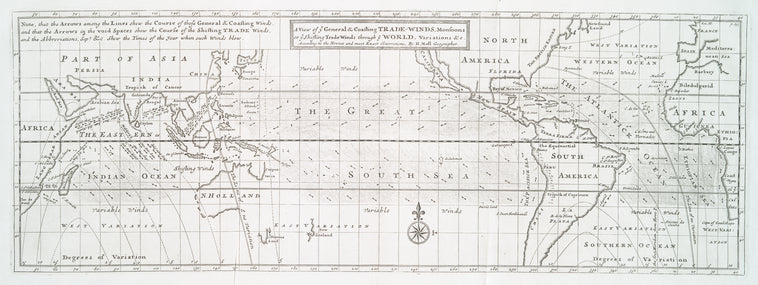 A view of ye general & coasting trade-winds, monsoons or ye shifting trade winds through ye world, variations &c. : according to the newest and most exact observations
