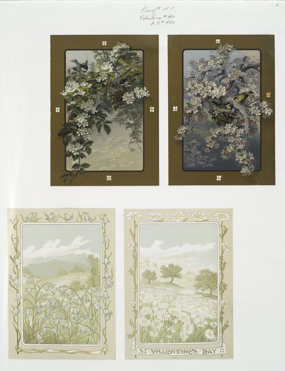 Valentine cards depicting birds, nests, trees and flowers.