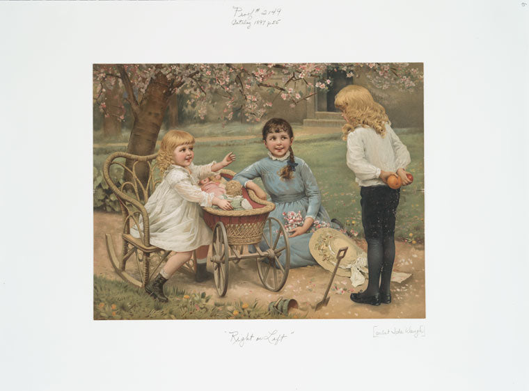 Right or Left [depicting young girls with dolls in stroller, rocking chair, bucket and shovel, with blossoming trees].