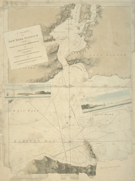 A chart of New York Harbour : with the soundings, views of land marks and nautical directions for the use of pilotage