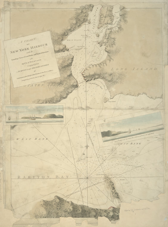 A chart of New York Harbour : with the soundings, views of land marks and nautical directions for the use of pilotage