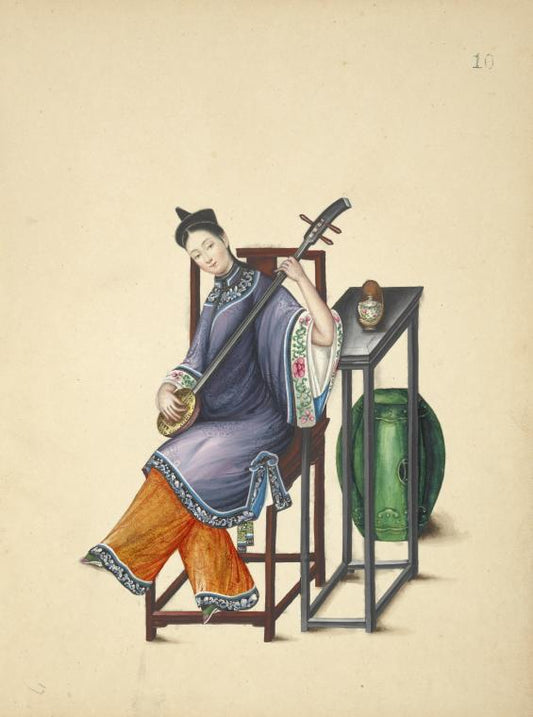 Woman seated at table, playing a sanxian