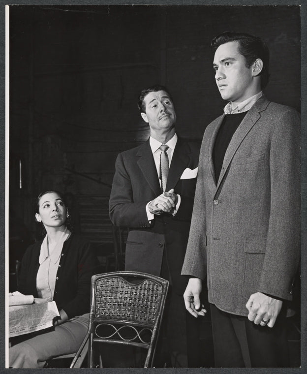 Monica Boyar, Don Ameche, and Ed Kenney in rehearsal for the stage production 13 Daughters