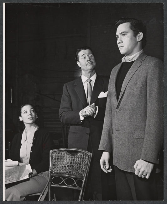 Monica Boyar, Don Ameche, and Ed Kenney in rehearsal for the stage production 13 Daughters