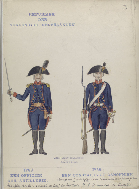Republiek der Vereenigde Nederlanden. Een Officier der Artillerie. Een Constapel of Canonnier (draagt een Gezwindpuepjestasch, in den vorm eener kleine patroon ten tuede van den Colonel en Chef der Artillerie B.E. Paravicini di Capelli