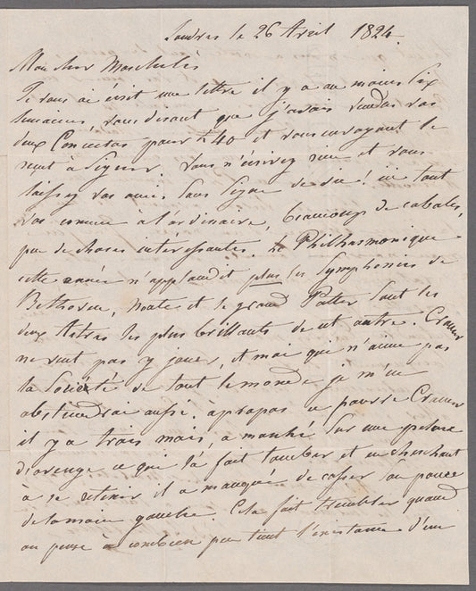 ALS, 1824, Apr. 26: from Fréd. Kalkbrenner, London, to Ignace Moscheles