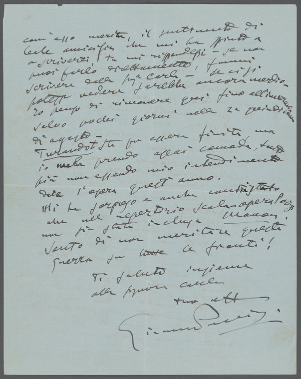 Letter from Giacomo Puccini to Arturo Toscanini, August 4, 1924