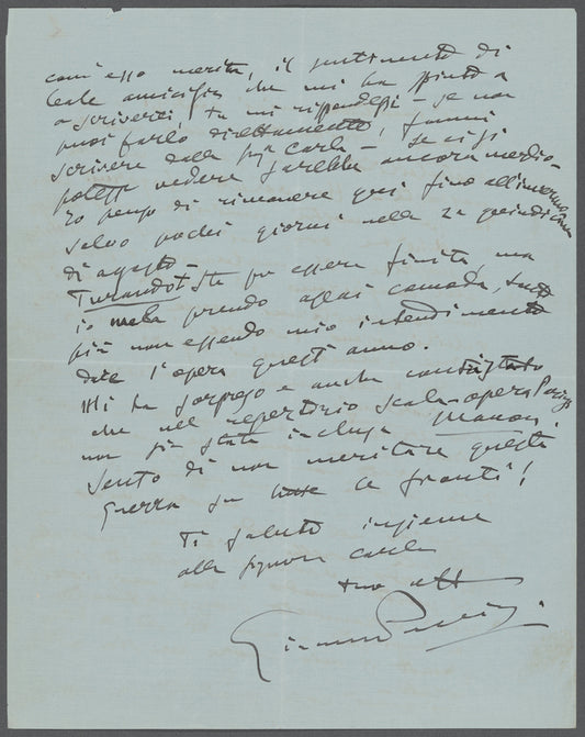 Letter from Giacomo Puccini to Arturo Toscanini, August 4, 1924