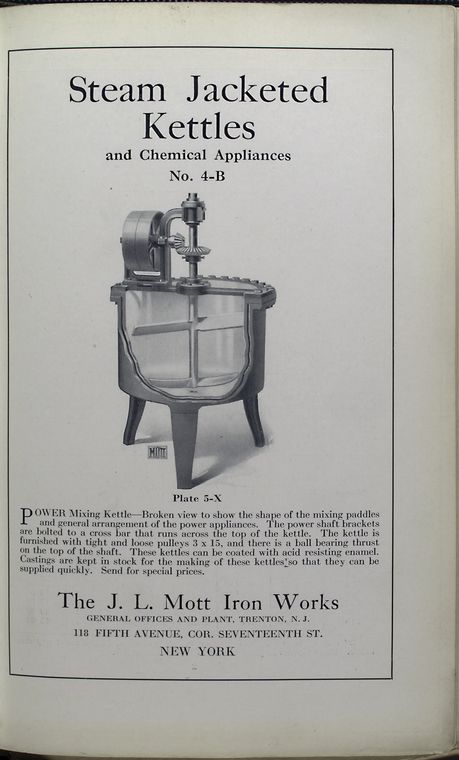 No. 4-B. Steam jacketed kettles and chemical appliances. Plate 5-X. Power mixing kettle.