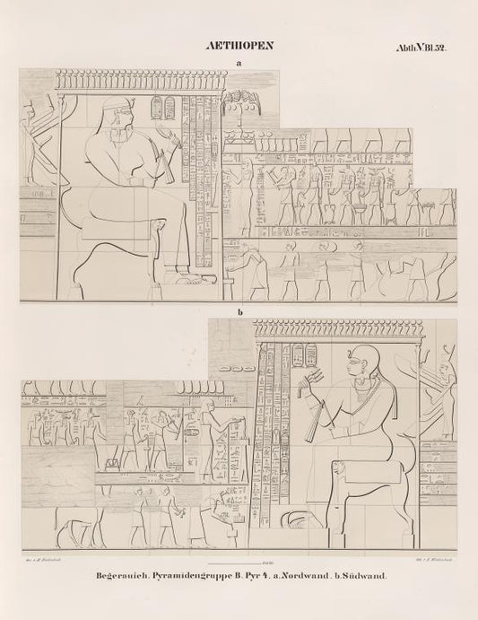 Aethiopen. Begerauîeh [Begrawiya]. Pyramidengruppe B. Pyr. 4:  a. Nordwand; b. Südwand.