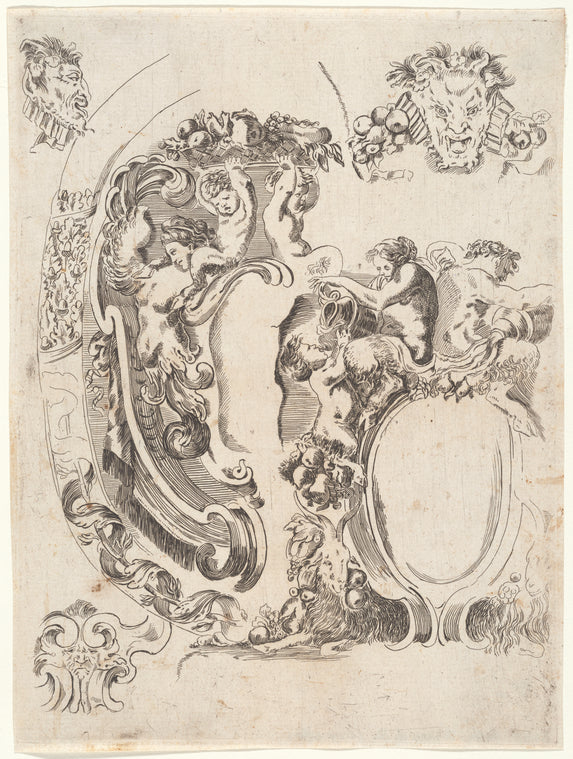 A gauche, un cartouche contenant des armes; dans le cadre on remarque un faune