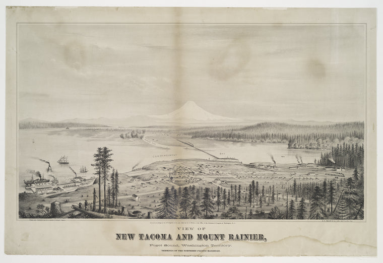 View of New Tacoma and Mount Rainier, Puget Sound, Washington Territory.