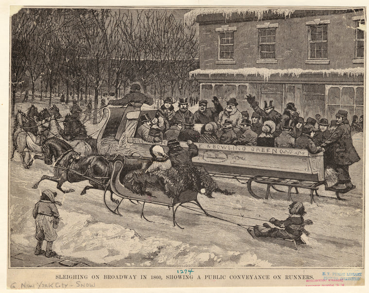 Sleighing on Broadway in 1860, showing a public conveyance on runners