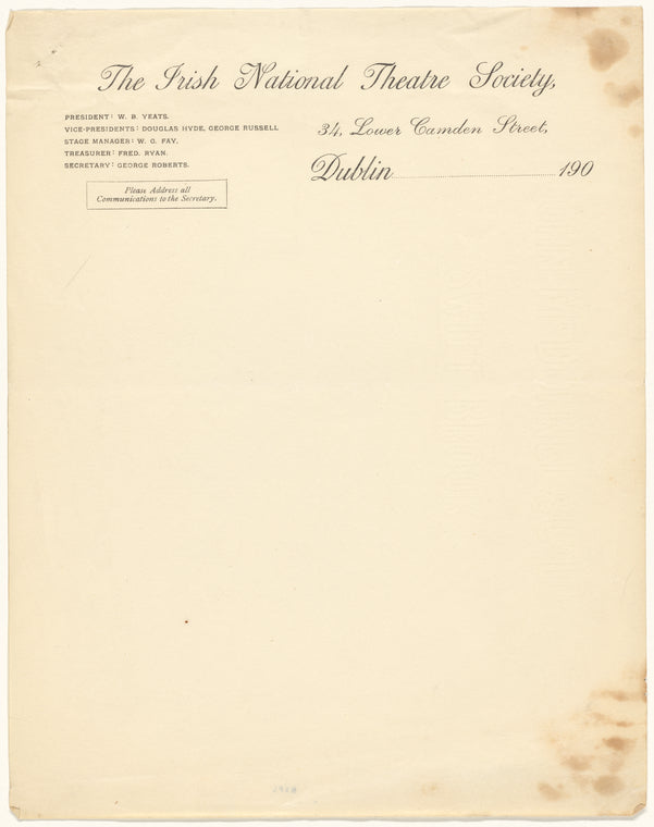 Letter-sheet, unused of the Irish National Theatre Society
