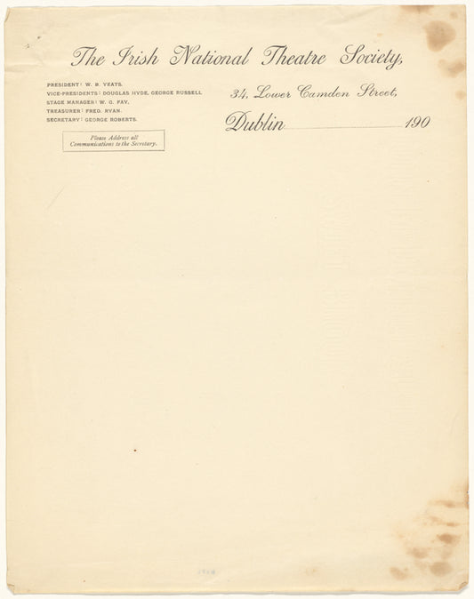 Letter-sheet, unused of the Irish National Theatre Society