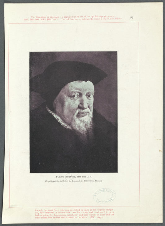 Ulrich Zwingli, 1484-1531 A.D. (From the painting by Holbein the Younger, in the Uffizi Gallery, Florence)