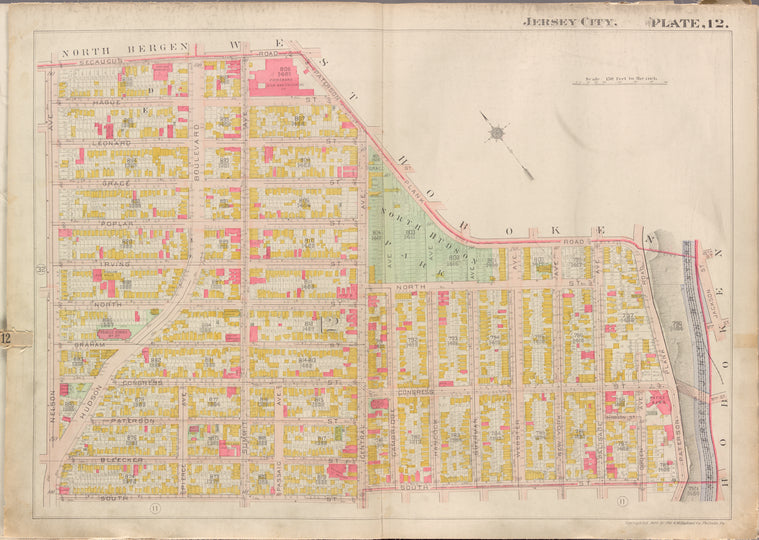 Jersey City, V. 1, Double Page Plate No. 12 [Map bounded by Paterson Plank Rd., Jackson St., South St., Nelson Ave., Secaucus Rd.]