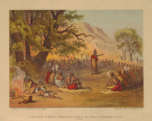 Indian chief in council informing his tribe of the arrival of strangers in ships