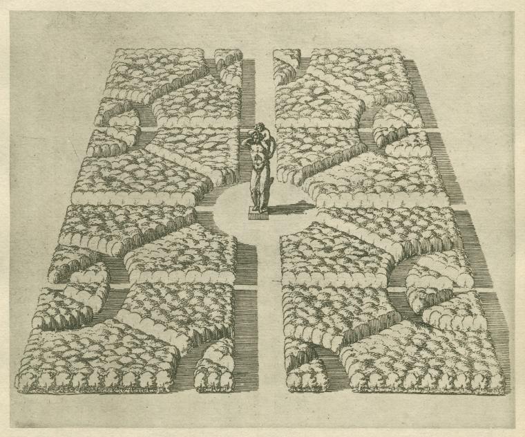 Statue of Bacchus and Flora surrounded by formal garden design