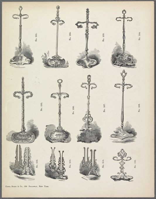 Nine designs for umbrella stands; three designs for andirons