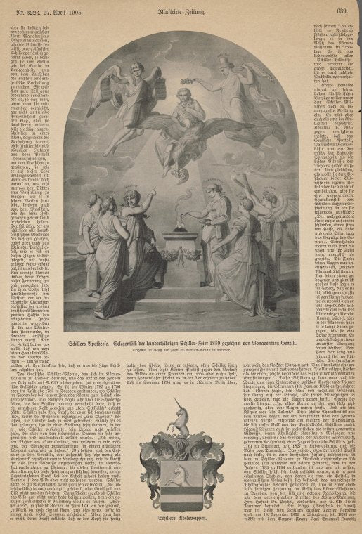 Schillers Apotheose. Gelegentlich der Hundertjährigen Schiller=Feier 1859 von Bonaventura Genelli. Original im Besitz der Frau Dr. Merian=Genast in Weimar ; Schillers Adelswappen.