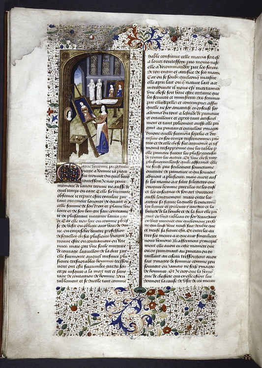 Miniature showing Marcia before an easel, painting her self-portrait.  A small mirror reflects the image of her face.  In background, two painted portraits and three sculptures of female figures.  Initial and border design.