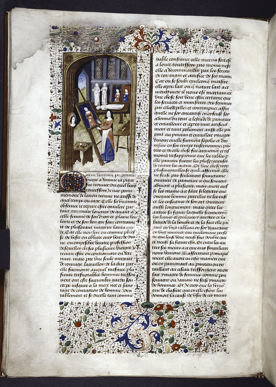 Miniature showing Marcia before an easel, painting her self-portrait.  A small mirror reflects the image of her face.  In background, two painted portraits and three sculptures of female figures.  Initial and border design.