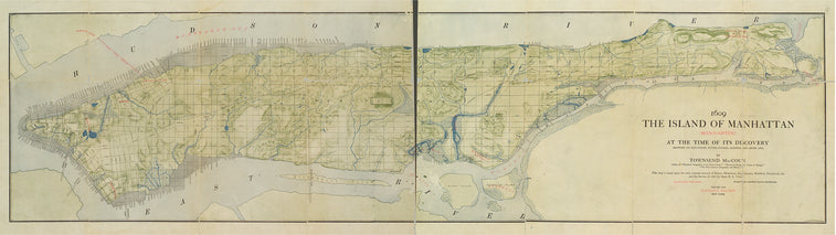 1609. The island of Manhattan (Mannahtin) at the time of its discovery showing its elevations, water-courses, marshes, and shore line.